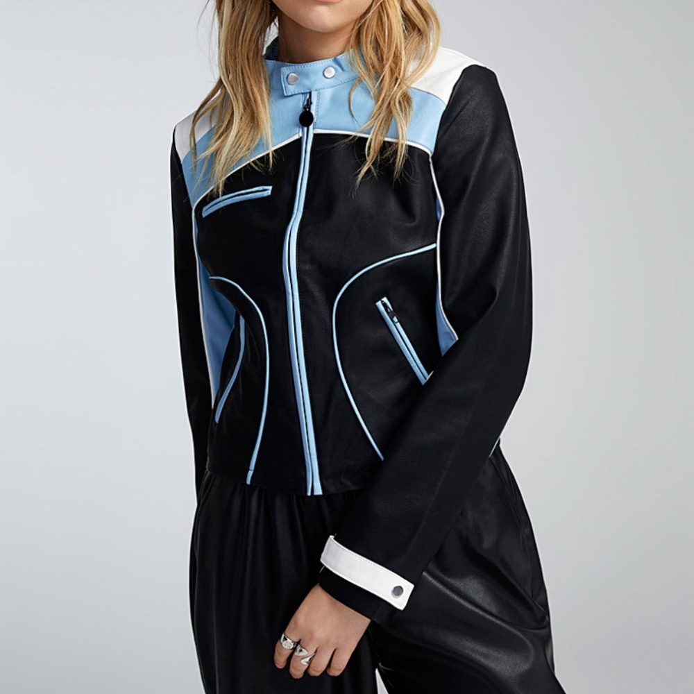 Daisy Street black blue and white faux leather colour block biker jacket NWT